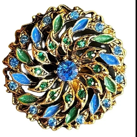 Vintage 12 Karat Gold Emerald and Sapphire Domed Brooch 1 x 1 Flower Brooch